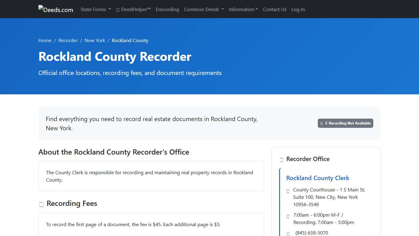 Rockland County Recorder Information, New York - Deeds.com